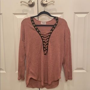 Pink lace-up long sleeve shirt